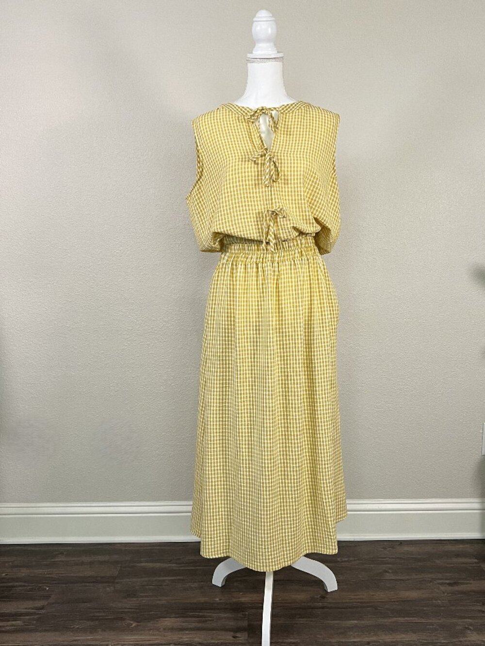 Faith and Joy Yellow & White Checked Midi Skirt & Top Set Size XL Boutique